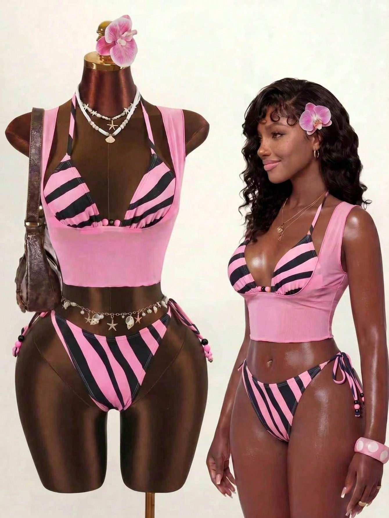 Brown striped 3-piece bikini set for women featuring a halter tie neck, wireless triangle cups with removable padding, cut-out details, and low waist tie side bottoms.