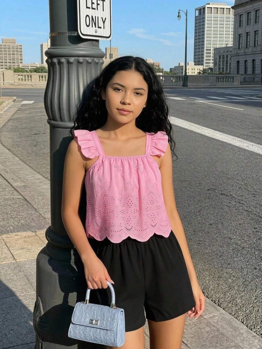 Tween girls 2-piece bohemian outfit set in apricot featuring a square neck embroidered sleeveless camisole top and matching floral wide leg shorts.