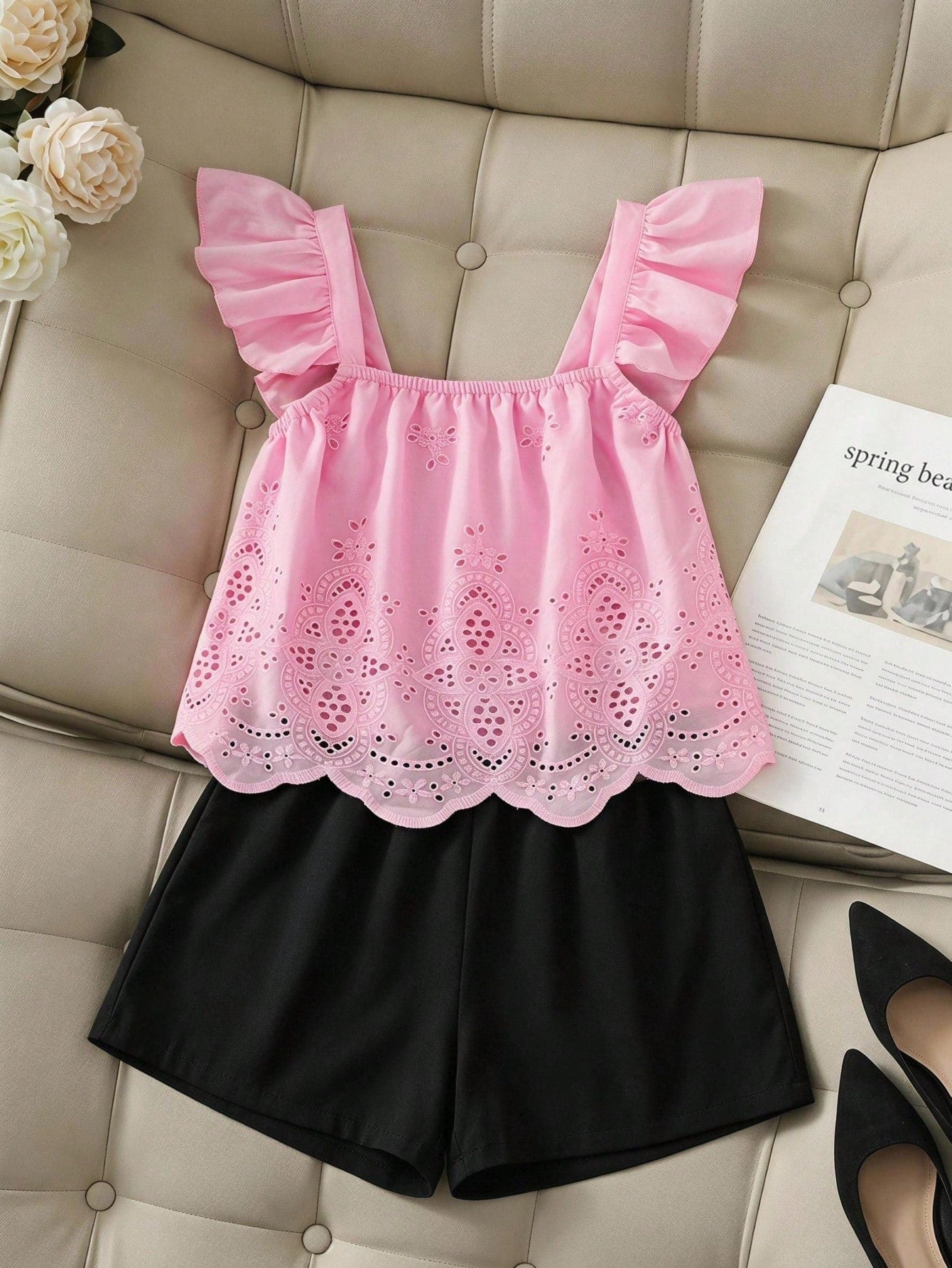 Tween girls 2-piece bohemian outfit set in apricot featuring a square neck embroidered sleeveless camisole top and matching floral wide leg shorts.