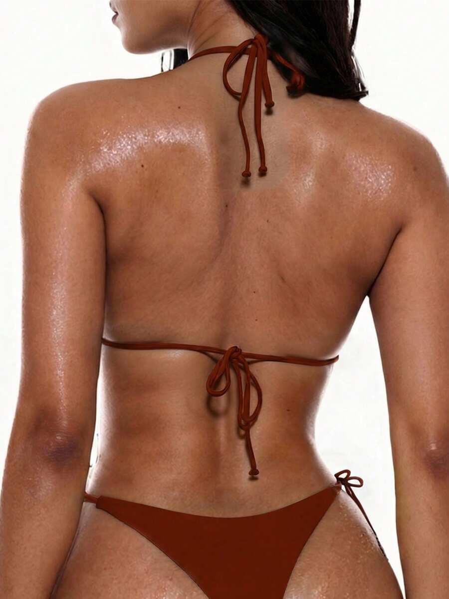 Apricot plain halter triangle bikini swimwear set with tie back top and low waist tie side thong bottom for women