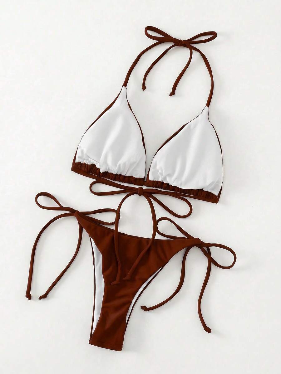 Apricot plain halter triangle bikini swimwear set with tie back top and low waist tie side thong bottom for women