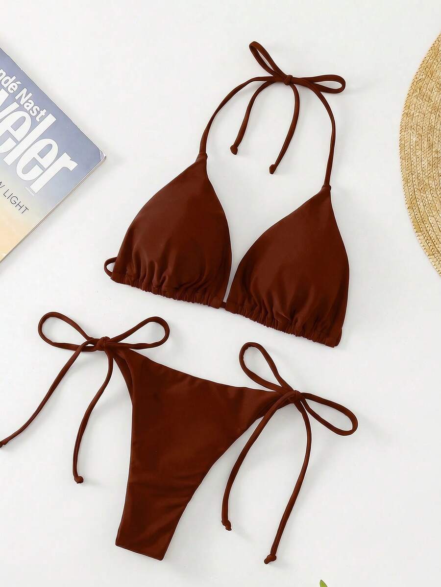 Apricot plain halter triangle bikini swimwear set with tie back top and low waist tie side thong bottom for women