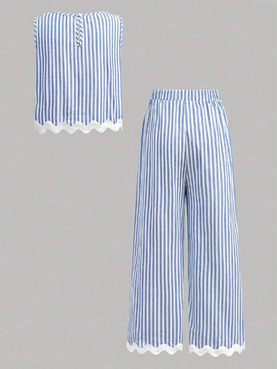 Tween girls casual apricot striped sleeveless top with round neck and ruffle hem paired with matching straight leg pants.