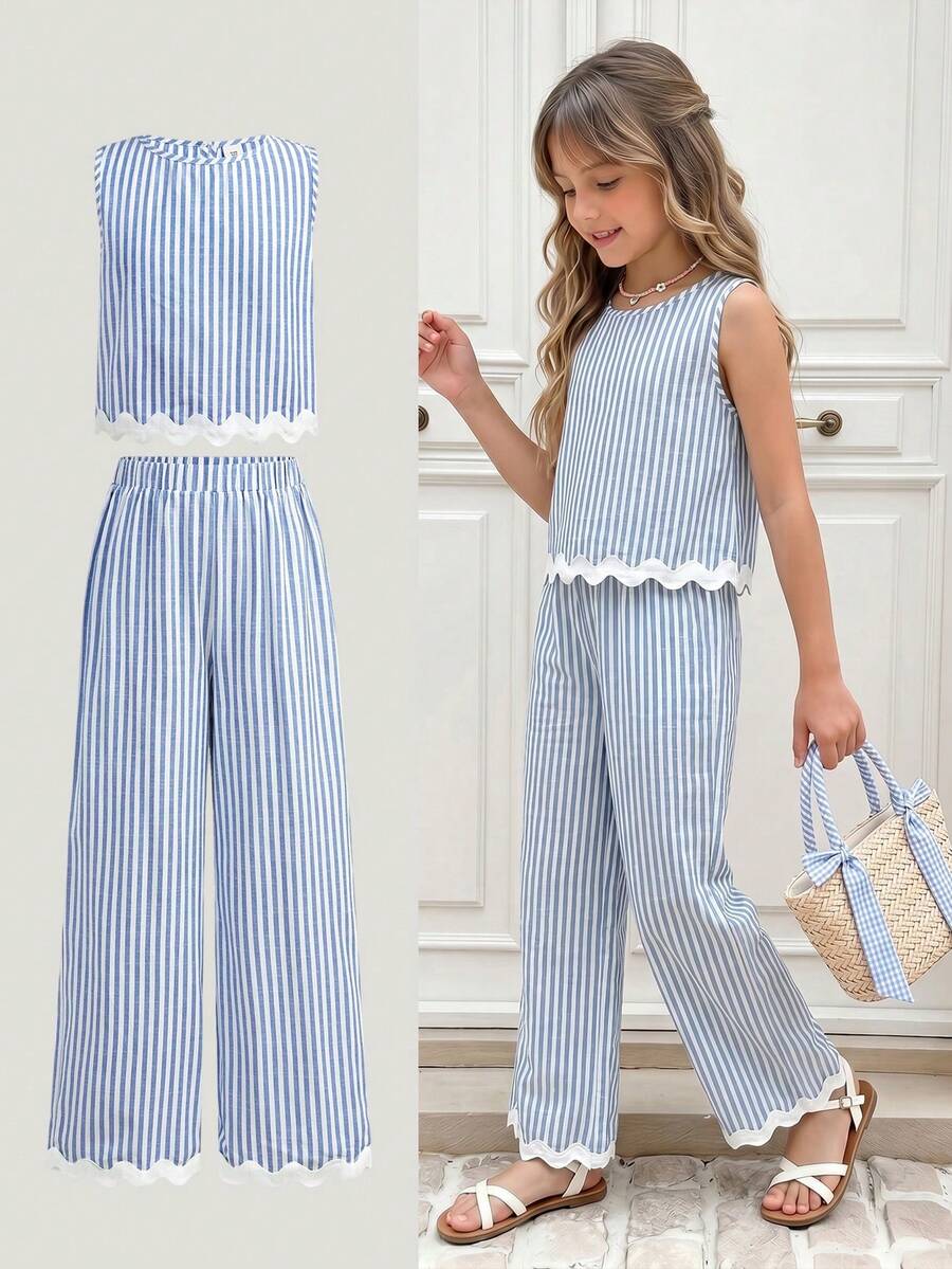 Tween girls casual apricot striped sleeveless top with round neck and ruffle hem paired with matching straight leg pants.