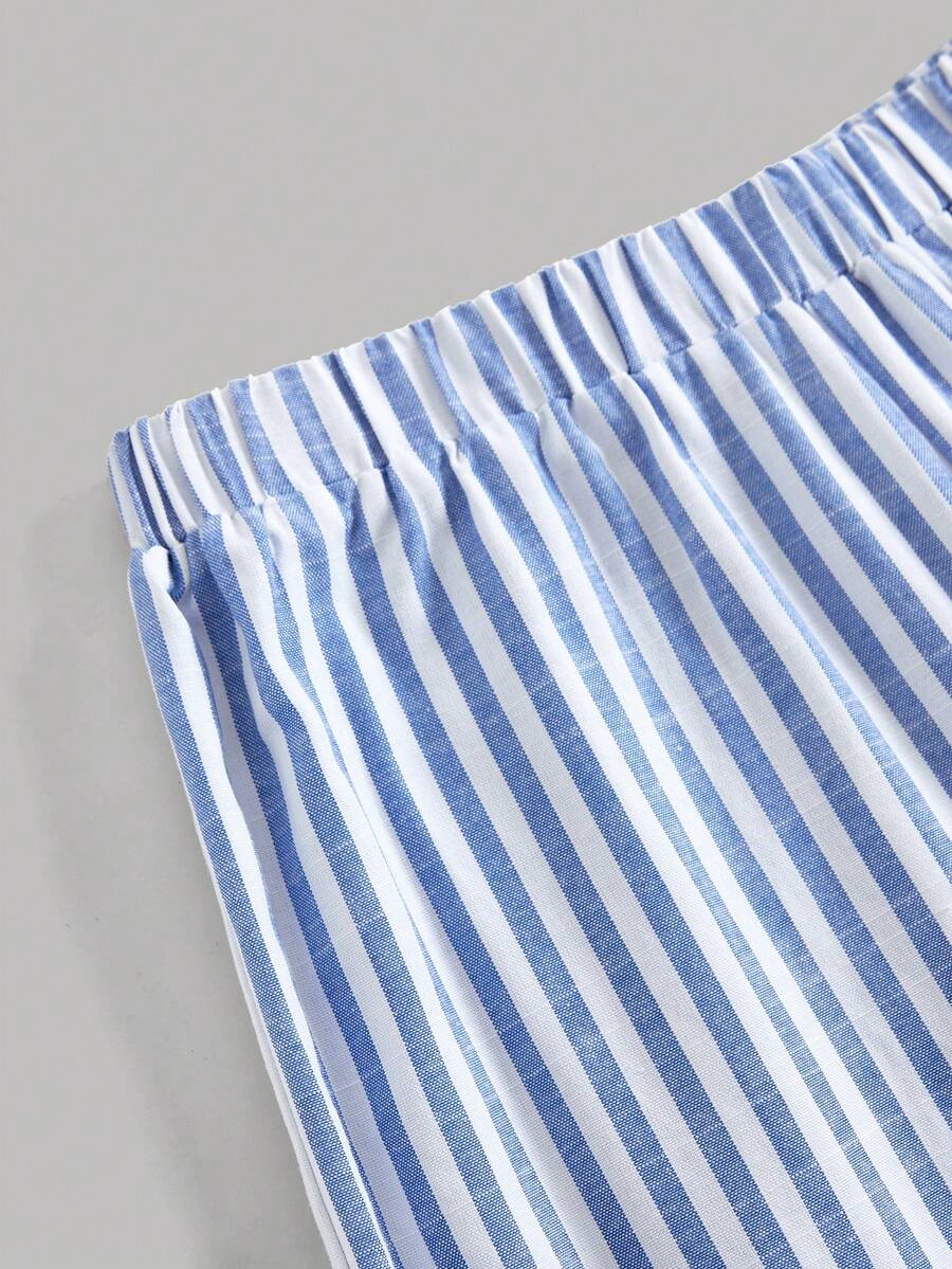 Tween girls casual apricot striped sleeveless top with round neck and ruffle hem paired with matching straight leg pants.
