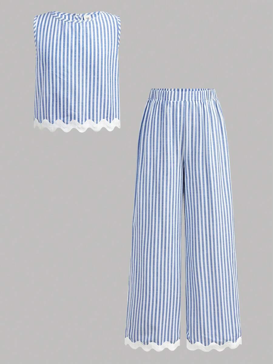 Tween girls casual apricot striped sleeveless top with round neck and ruffle hem paired with matching straight leg pants.