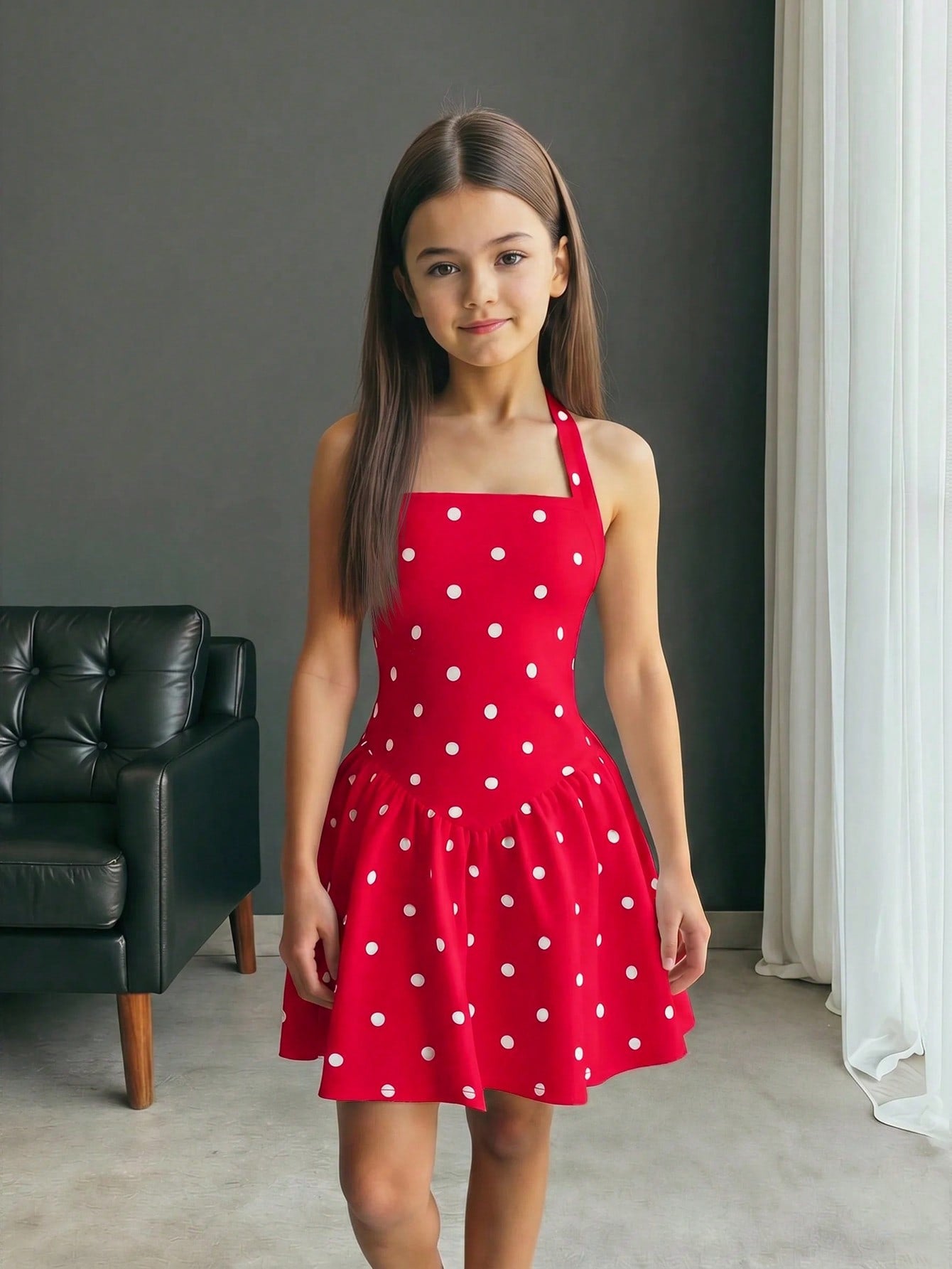 Black sleeveless halter polka dot mini dress for tween girls featuring a high waist and flared hem