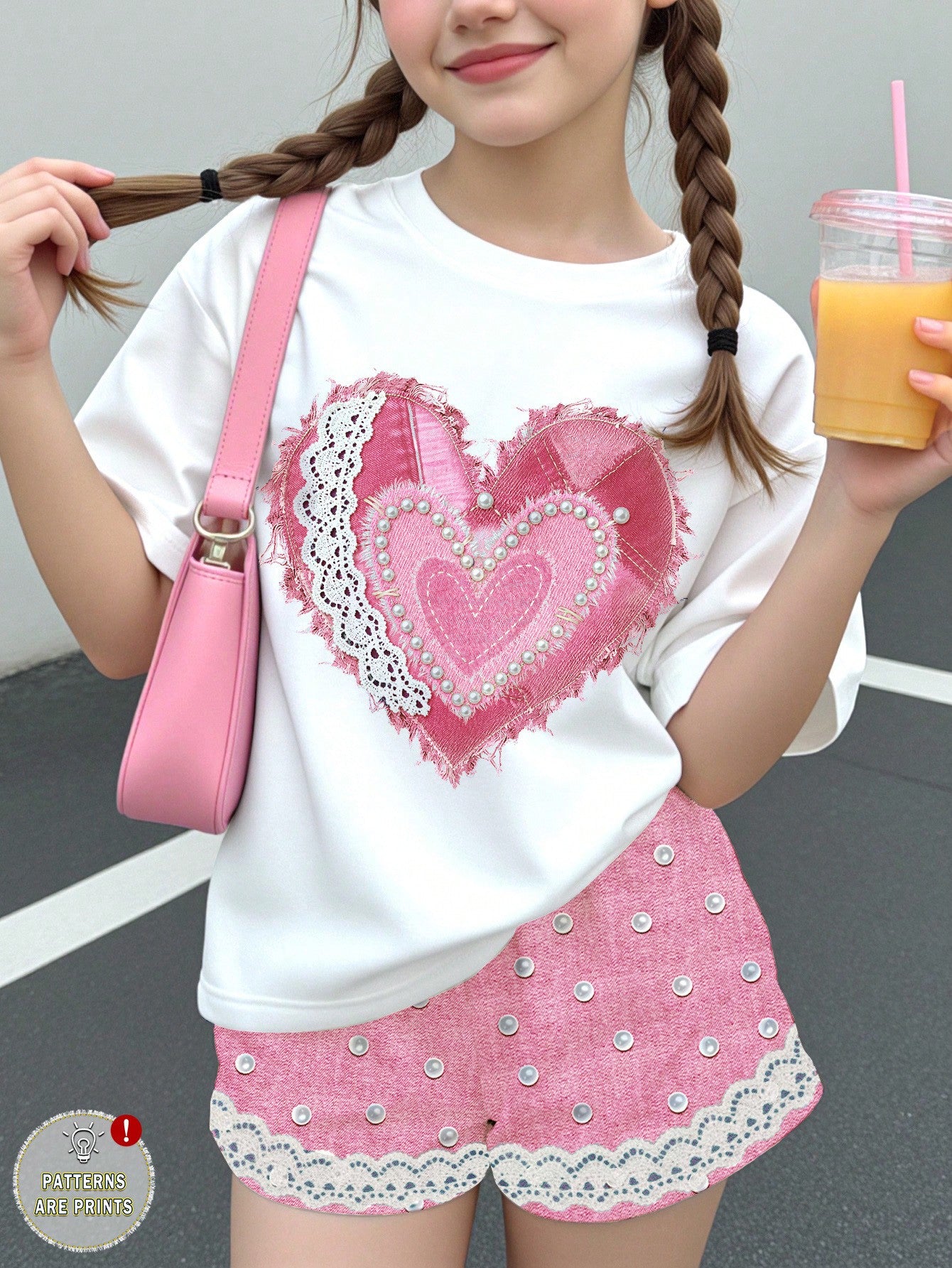 Multicolor heart print short sleeve top and loose shorts 2-piece set for tween girls