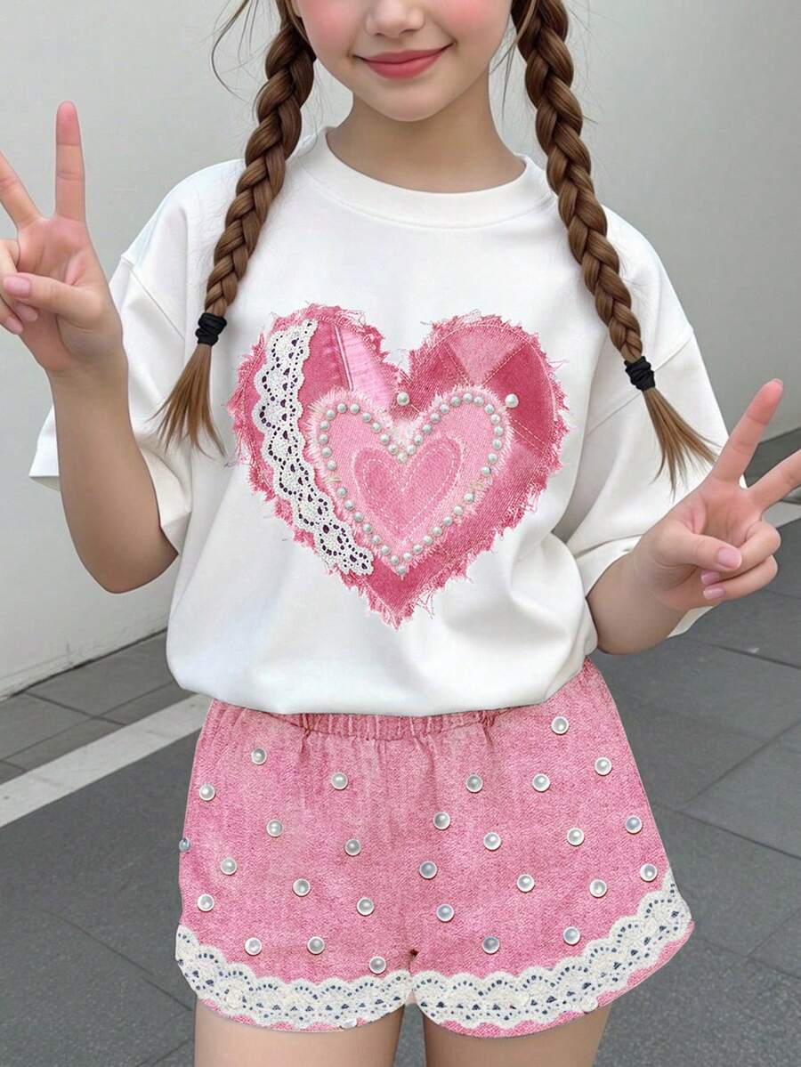 Multicolor heart print short sleeve top and loose shorts 2-piece set for tween girls