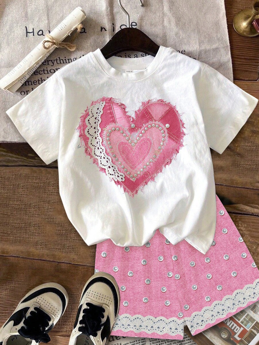 Multicolor heart print short sleeve top and loose shorts 2-piece set for tween girls