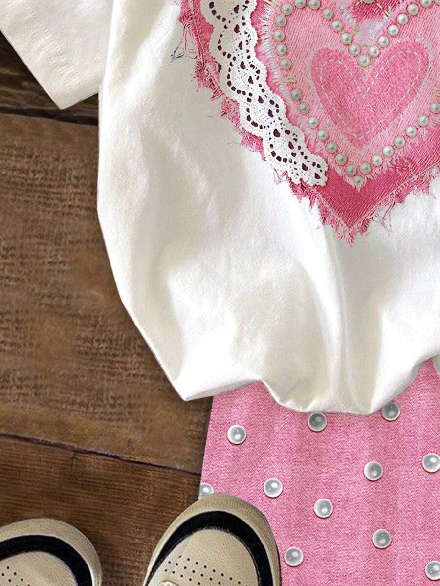 Multicolor heart print short sleeve top and loose shorts 2-piece set for tween girls