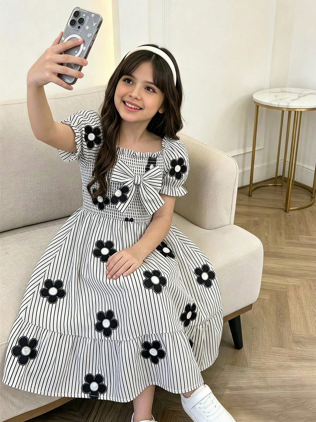 Tween girl wearing a black and white off-the-shoulder floral midi dress featuring short puff sleeves, high waist, and flounce hem.