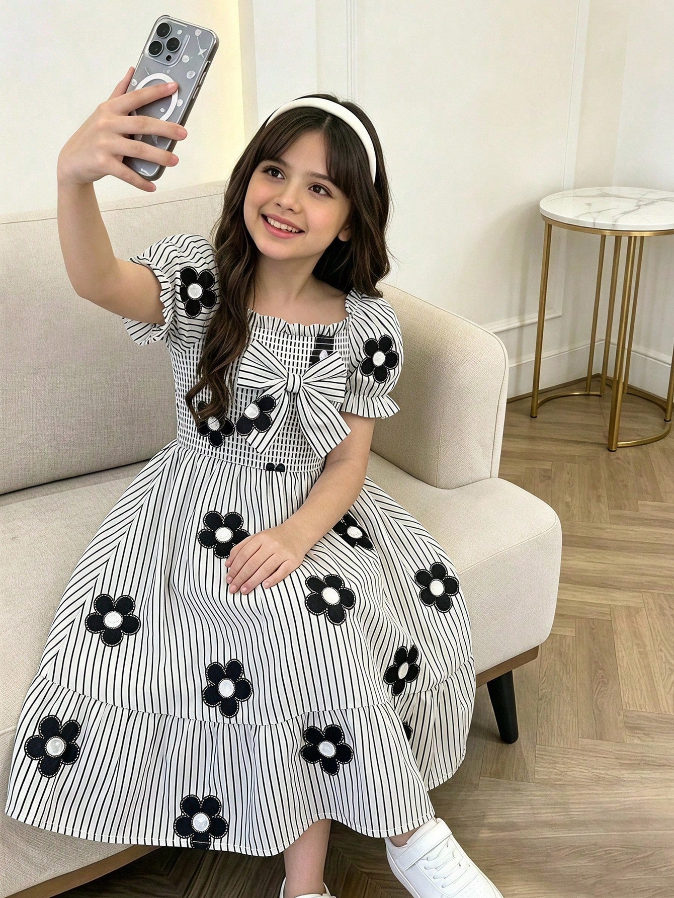 Tween girl wearing a black and white off-the-shoulder floral midi dress featuring short puff sleeves, high waist, and flounce hem.