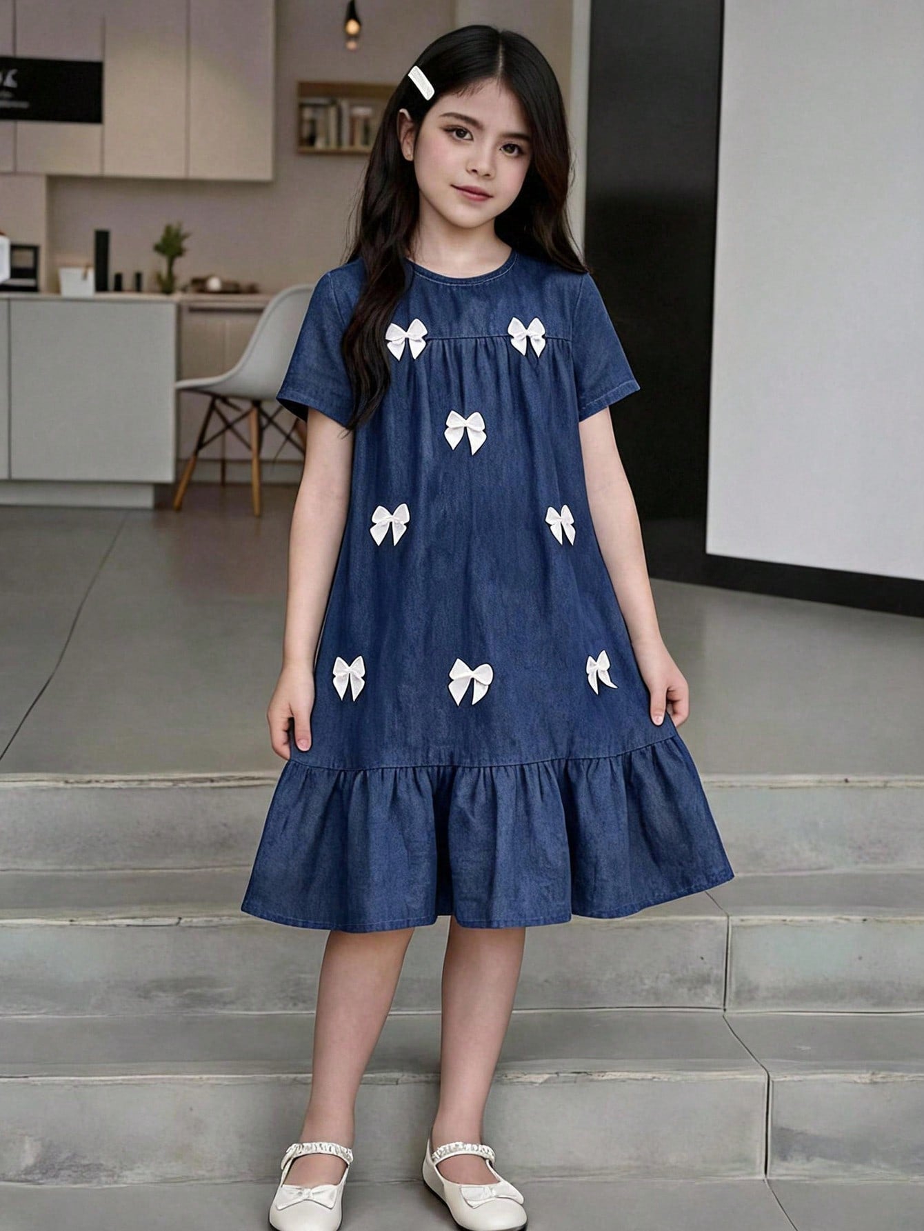 Tween girl wearing an Army Green textured short sleeve smock midi dress with round neck and ruffle flounce hem.