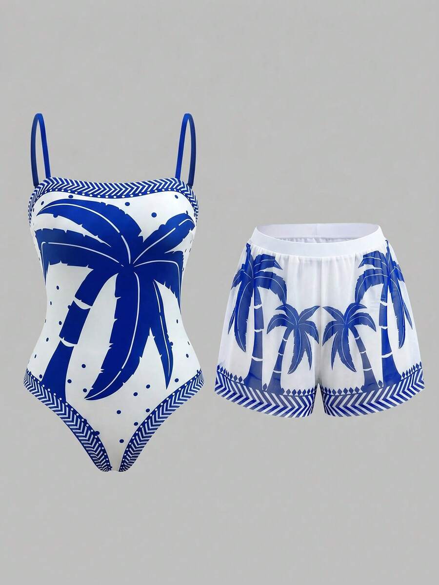 Swim Oasis women's tropical palm tree print army green one-piece swimsuit featuring spaghetti straps, removable padding, and matching shorts for beach vacations.