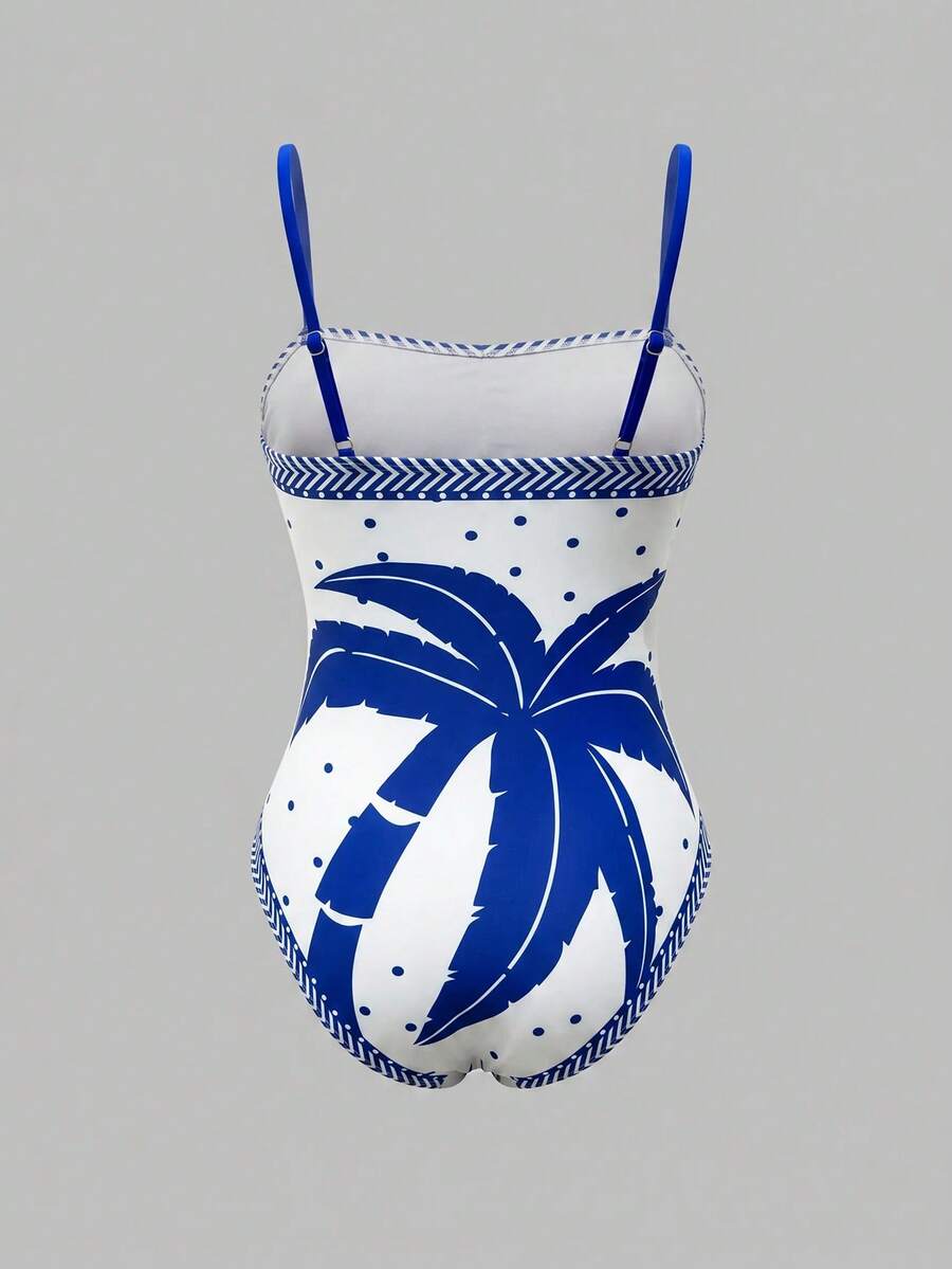 Swim Oasis women's tropical palm tree print army green one-piece swimsuit featuring spaghetti straps, removable padding, and matching shorts for beach vacations.