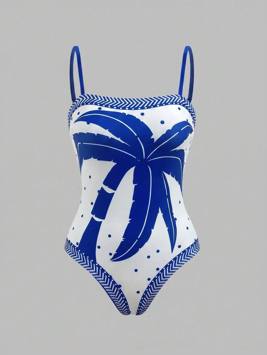 Swim Oasis women's tropical palm tree print army green one-piece swimsuit featuring spaghetti straps, removable padding, and matching shorts for beach vacations.