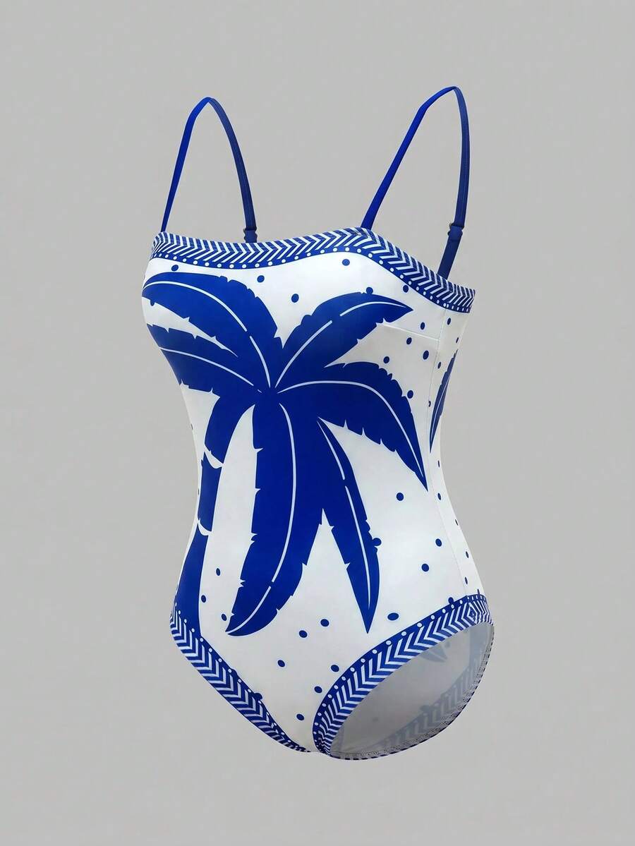 Swim Oasis women's tropical palm tree print army green one-piece swimsuit featuring spaghetti straps, removable padding, and matching shorts for beach vacations.