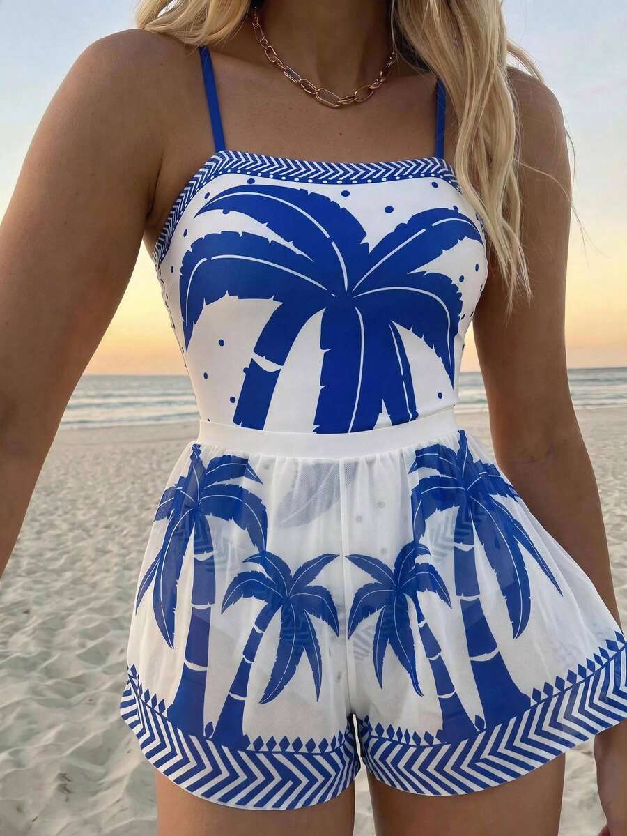 Swim Oasis women's tropical palm tree print army green one-piece swimsuit featuring spaghetti straps, removable padding, and matching shorts for beach vacations.