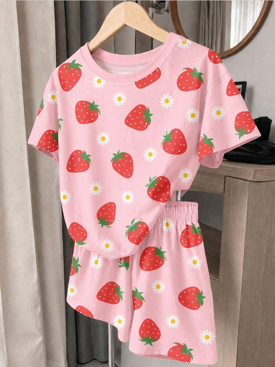 Tween girls multicolor tie-dye 2-piece outfit set featuring a drop-shoulder short-sleeve t-shirt and matching loose track shorts with side pockets.