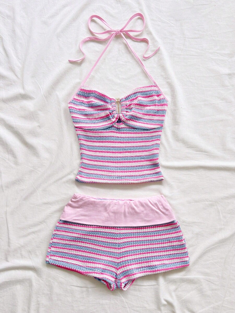 Tween girls black strapless tank top and shorts set with leopard print contrast waistband