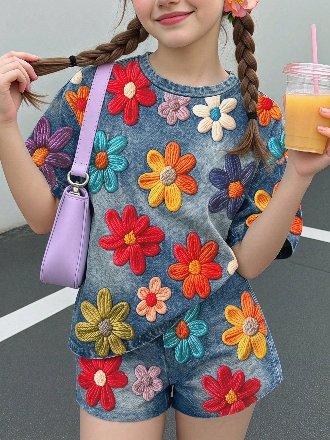 Multicolor heart print short sleeve top and loose shorts 2-piece set for tween girls