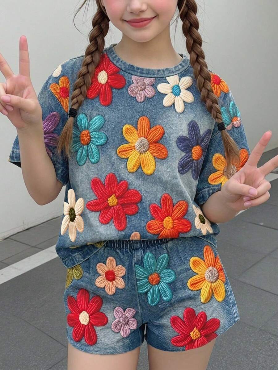 Multicolor heart print short sleeve top and loose shorts 2-piece set for tween girls