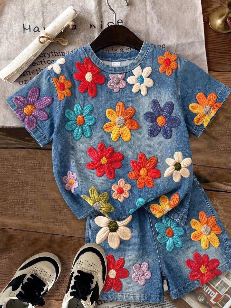 Multicolor heart print short sleeve top and loose shorts 2-piece set for tween girls