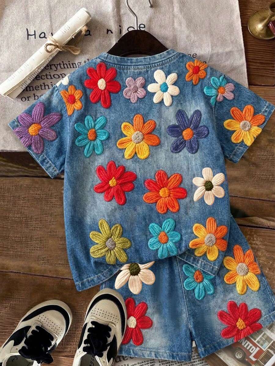Multicolor heart print short sleeve top and loose shorts 2-piece set for tween girls