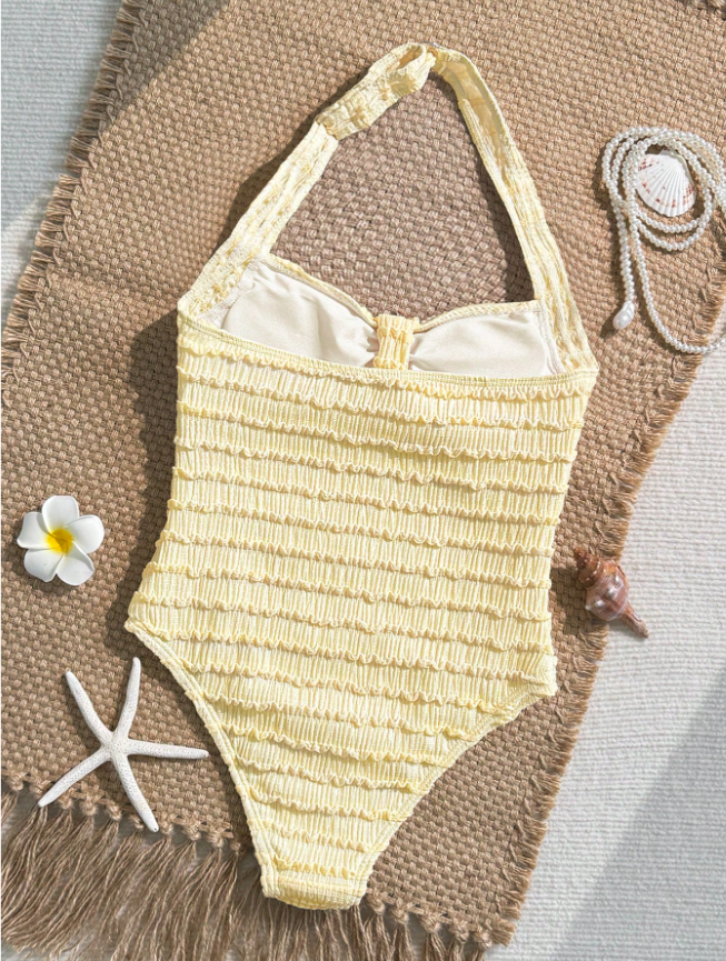Tween Girls Textured Striped Halter One-Piece Swimsuit with Starfish, Shell & Tassel Detail, Beach Vacation Swimwear
