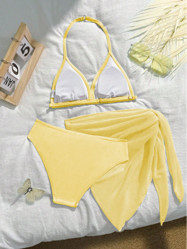 Tween Girls Butter Yellow Halter Bikini Set, Two-Piece Solid Color Swimwear for Beach, Summer Vacation & Pool