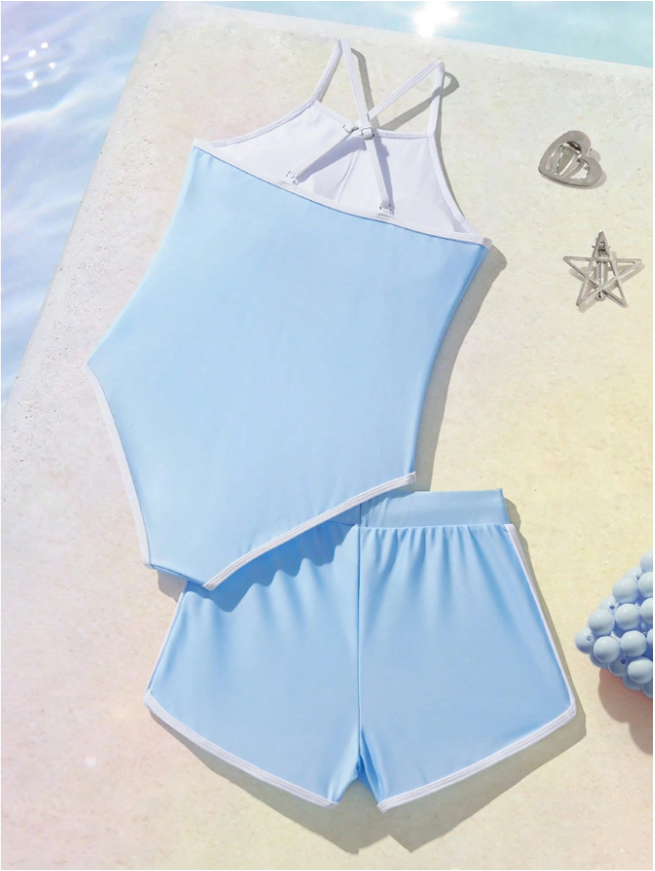 Tween Girls Letter & Cartoon Print One-Piece Swimsuit with Matching Shorts, Summer Beach Swimwear Set