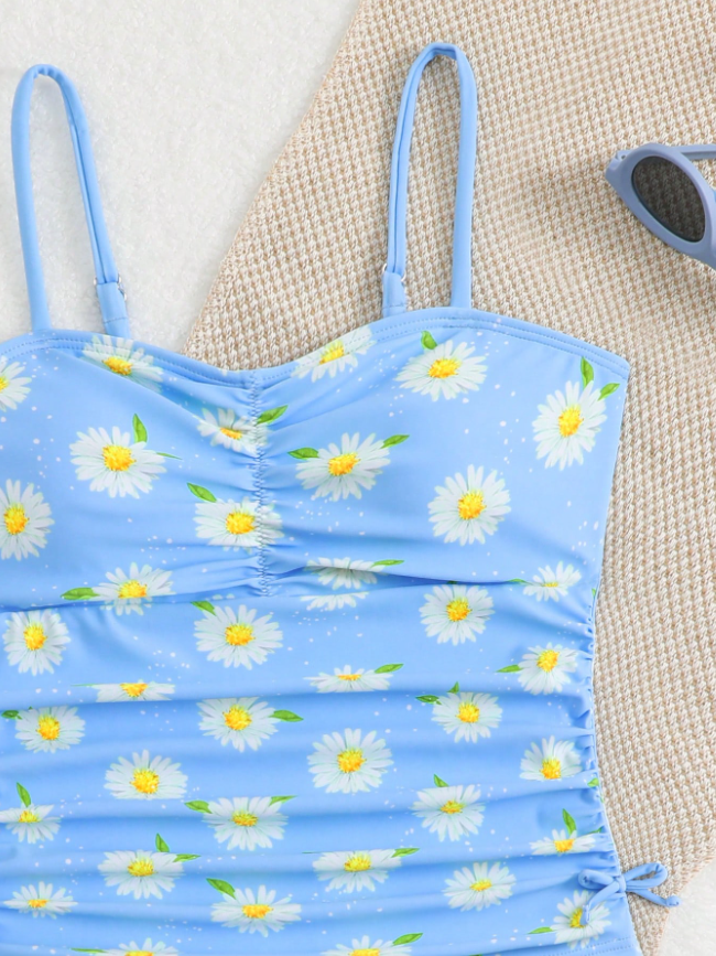 Tween Girls Blue Floral Print Tankini Bikini Set with Spaghetti Straps & Ruched Waist, 2-Piece Swimwear for Beach, Pool & Summer Vacation