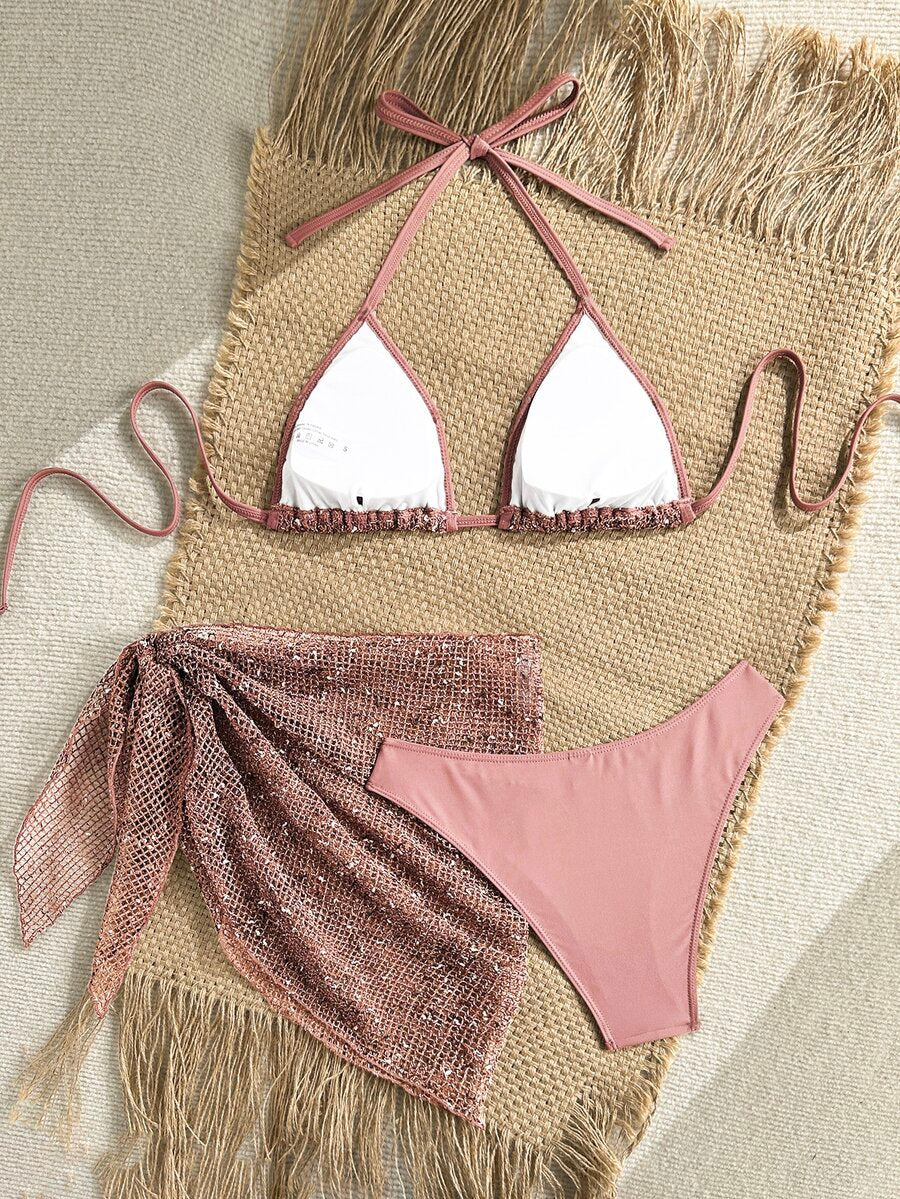Women's 3-piece net fabric swimsuit set featuring a plain triangle bikini top with spaghetti straps, high-waisted high-cut bottoms, and a matching skirt with knot detail.