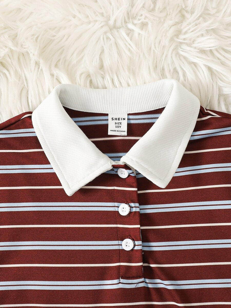 Tween girl wearing a black and white striped drop-shoulder crew neck t-shirt with bow embroidery paired with matching tie-waist shorts.