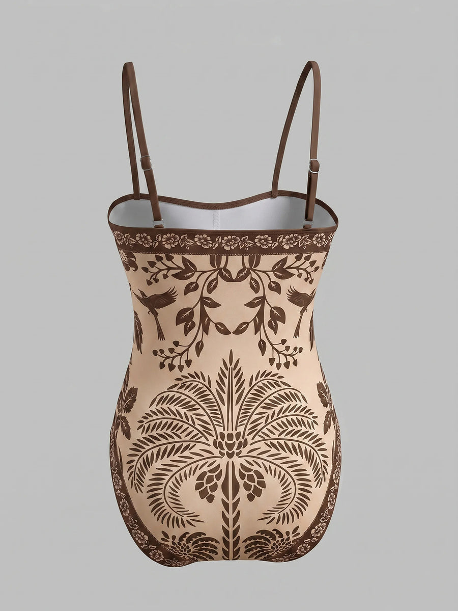 Swim Oasis women's tropical palm tree print army green one-piece swimsuit featuring spaghetti straps, removable padding, and matching shorts for beach vacations.