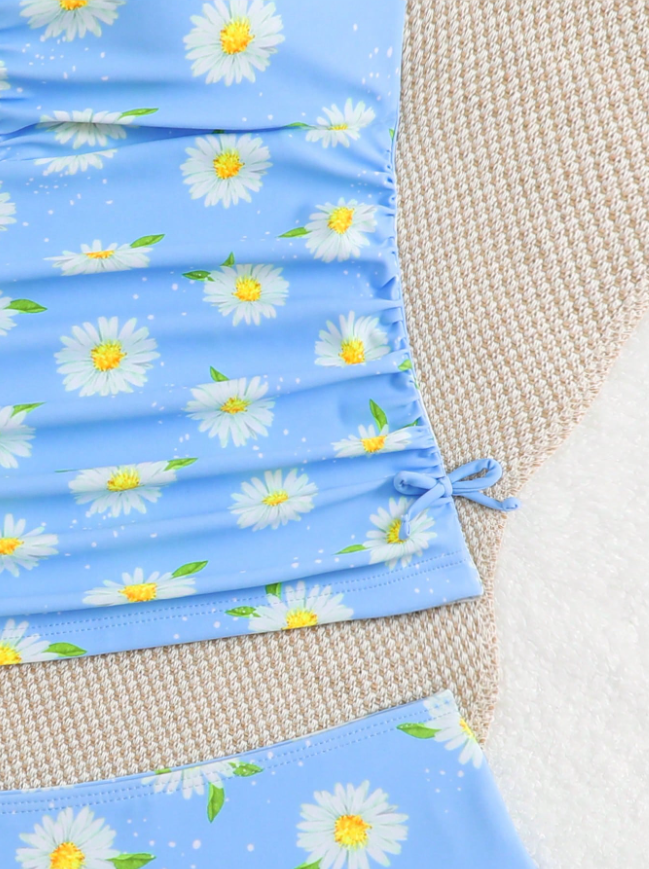 Tween Girls Blue Floral Print Tankini Bikini Set with Spaghetti Straps & Ruched Waist, 2-Piece Swimwear for Beach, Pool & Summer Vacation