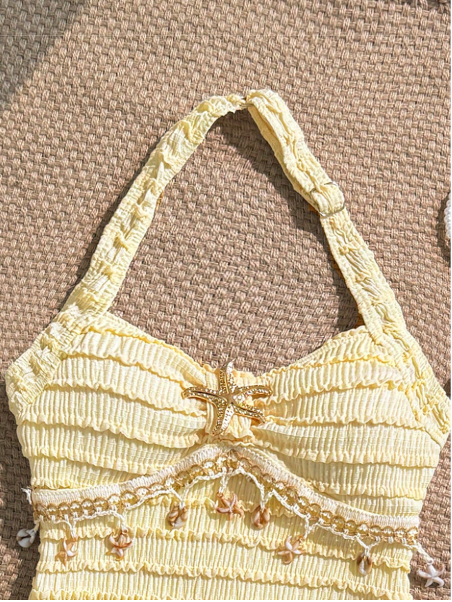 Tween Girls Textured Striped Halter One-Piece Swimsuit with Starfish, Shell & Tassel Detail, Beach Vacation Swimwear