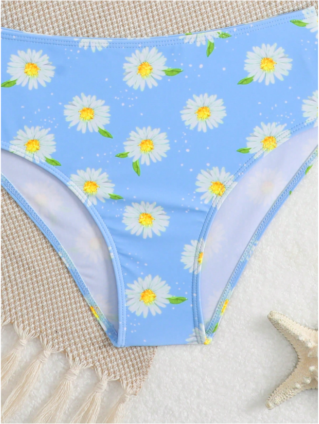 Tween Girls Blue Floral Print Tankini Bikini Set with Spaghetti Straps & Ruched Waist, 2-Piece Swimwear for Beach, Pool & Summer Vacation