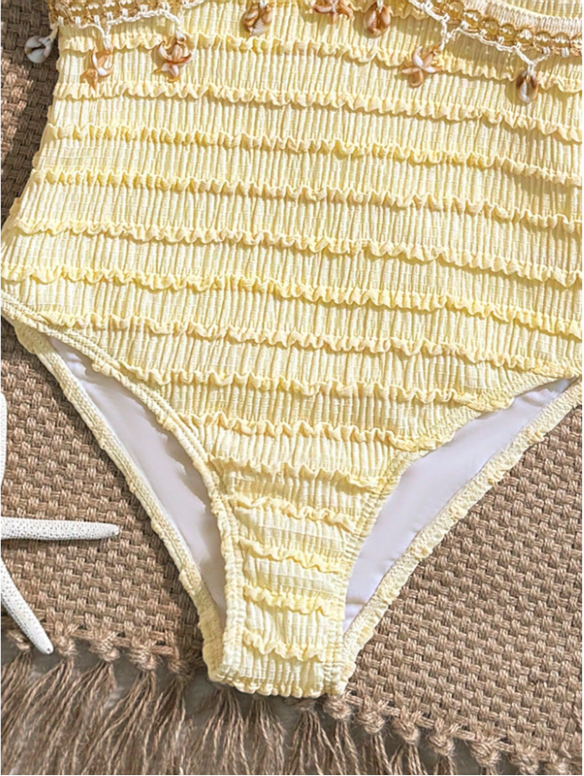 Tween Girls Textured Striped Halter One-Piece Swimsuit with Starfish, Shell & Tassel Detail, Beach Vacation Swimwear