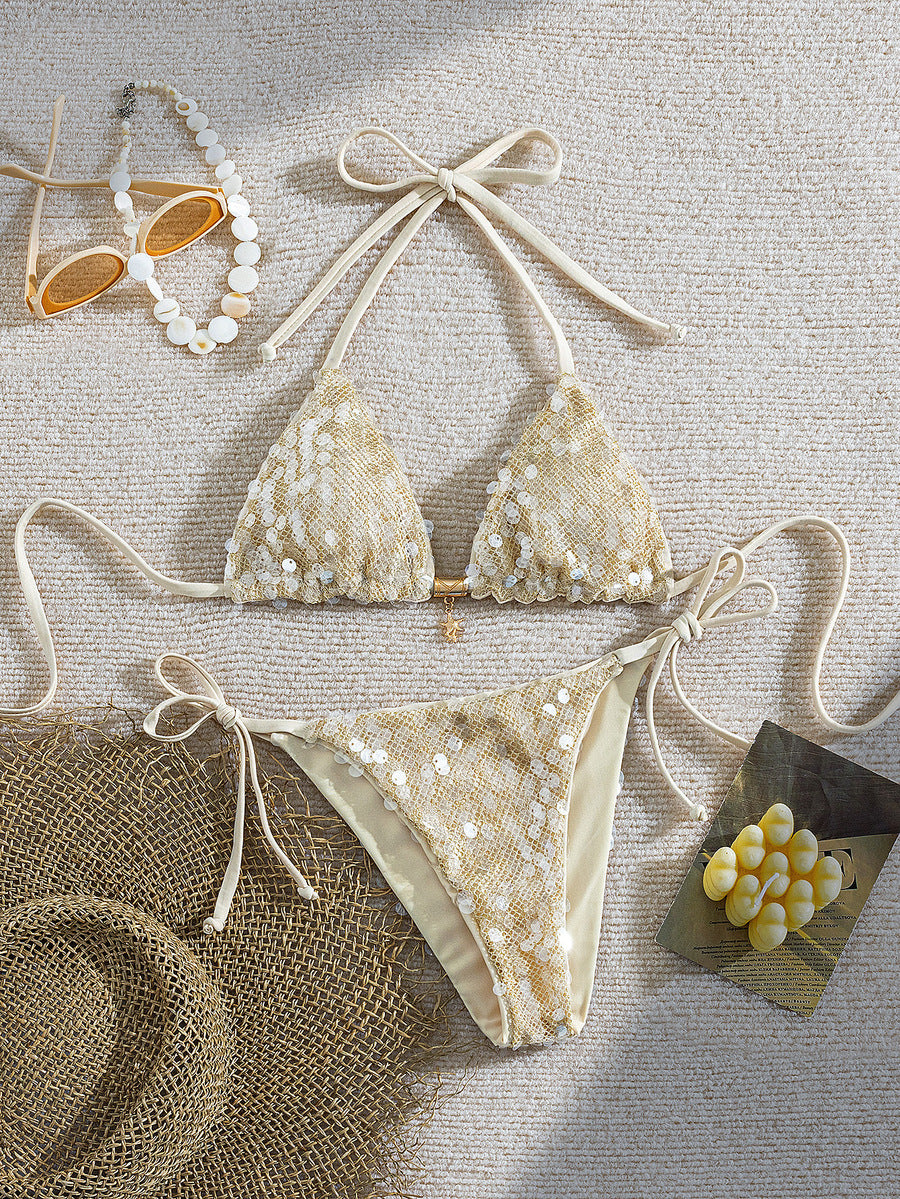 Beige Y2K triangle bikini set featuring a deep V-neck halter top with knot details and removable padding paired with low waist cheeky bottoms.