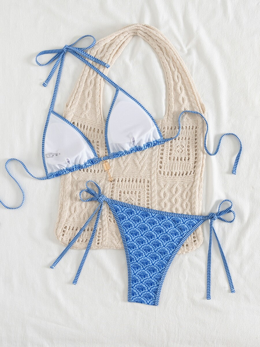 Women's high waist 2-piece triangle bikini set featuring colorblock trim, halter neckline, wireless bra with removable padding, and tie-side bottoms.