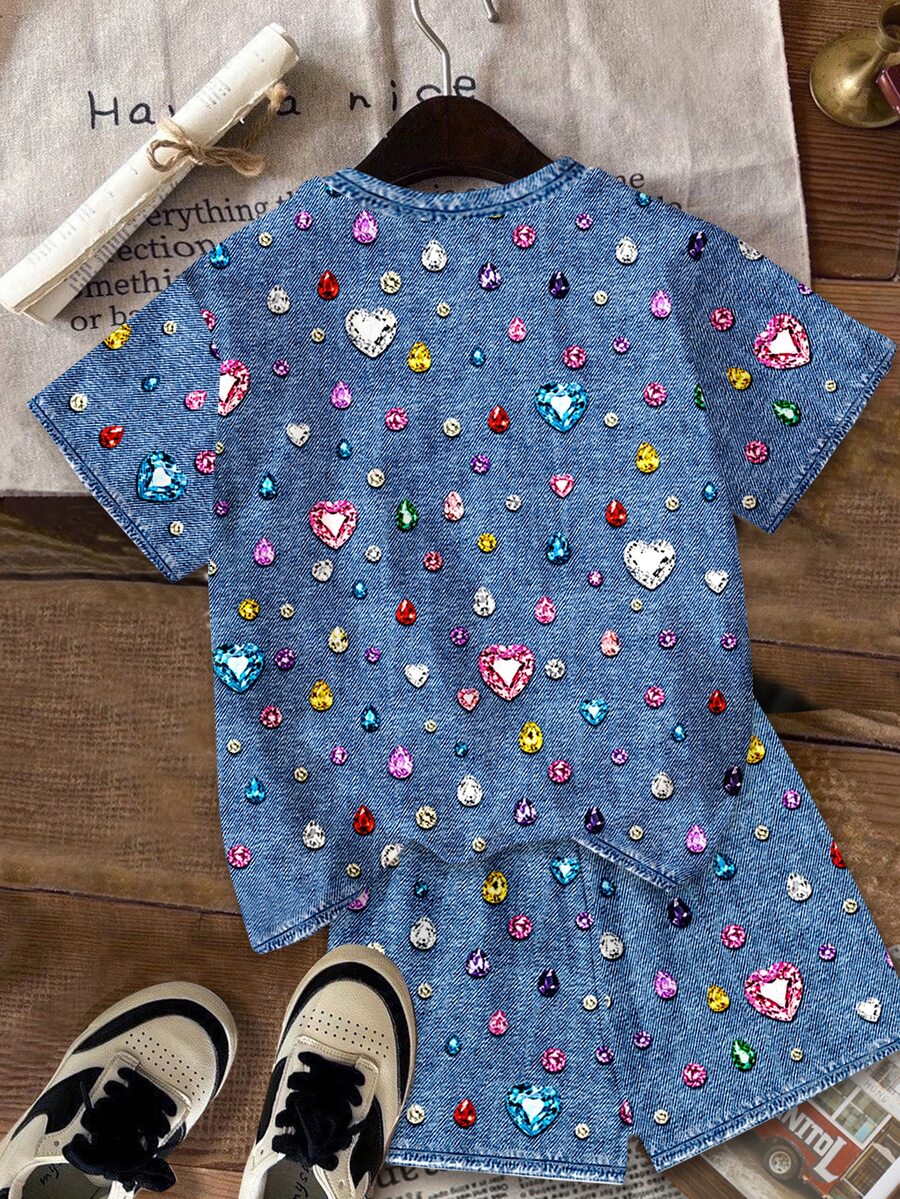 Multicolor heart print short sleeve top and loose shorts 2-piece set for tween girls