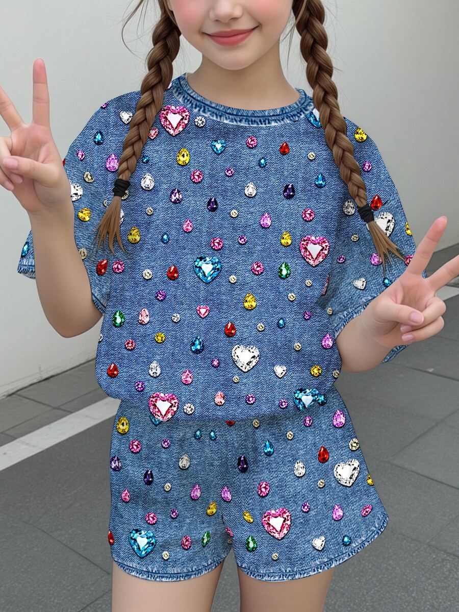Multicolor heart print short sleeve top and loose shorts 2-piece set for tween girls