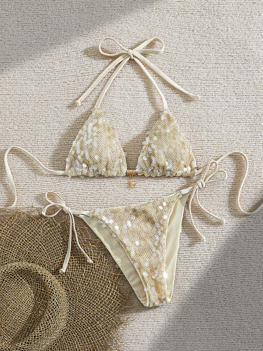 Beige Y2K triangle bikini set featuring a deep V-neck halter top with knot details and removable padding paired with low waist cheeky bottoms.