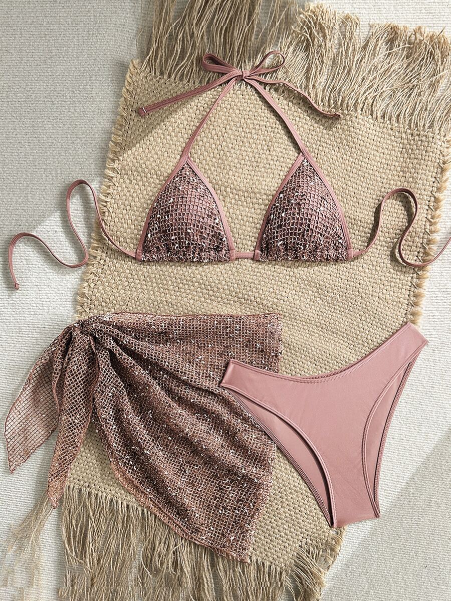 Women's 3-piece net fabric swimsuit set featuring a plain triangle bikini top with spaghetti straps, high-waisted high-cut bottoms, and a matching skirt with knot detail.
