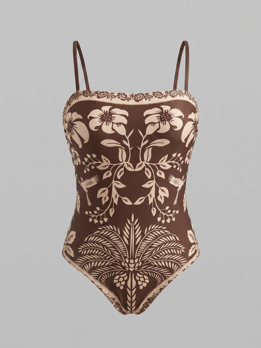 Swim Oasis women's tropical palm tree print army green one-piece swimsuit featuring spaghetti straps, removable padding, and matching shorts for beach vacations.