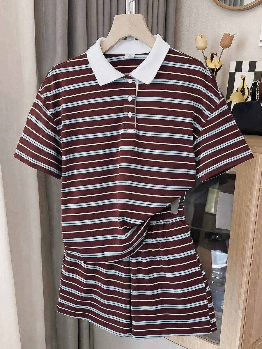 Tween girl wearing a black and white striped drop-shoulder crew neck t-shirt with bow embroidery paired with matching tie-waist shorts.