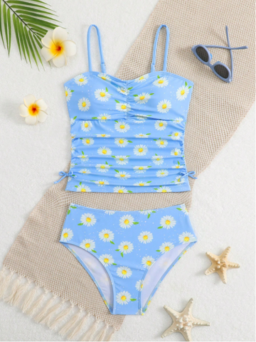Tween Girls Blue Floral Print Tankini Bikini Set with Spaghetti Straps & Ruched Waist, 2-Piece Swimwear for Beach, Pool & Summer Vacation