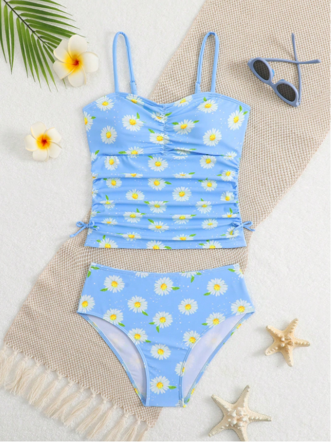 Tween Girls Blue Floral Print Tankini Bikini Set with Spaghetti Straps & Ruched Waist, 2-Piece Swimwear for Beach, Pool & Summer Vacation